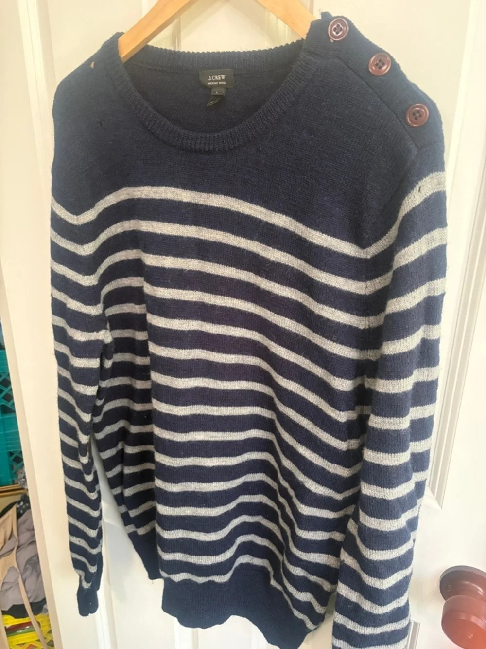 J. Crew womens Navy and White Striped merino wool Button-Shoulder Sweater.